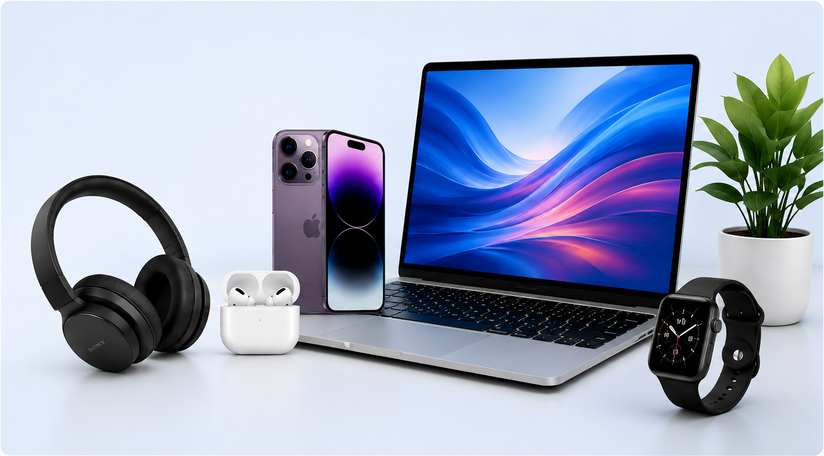 Laptop, iPhone, headphones, earbuds, smartwatch and plant